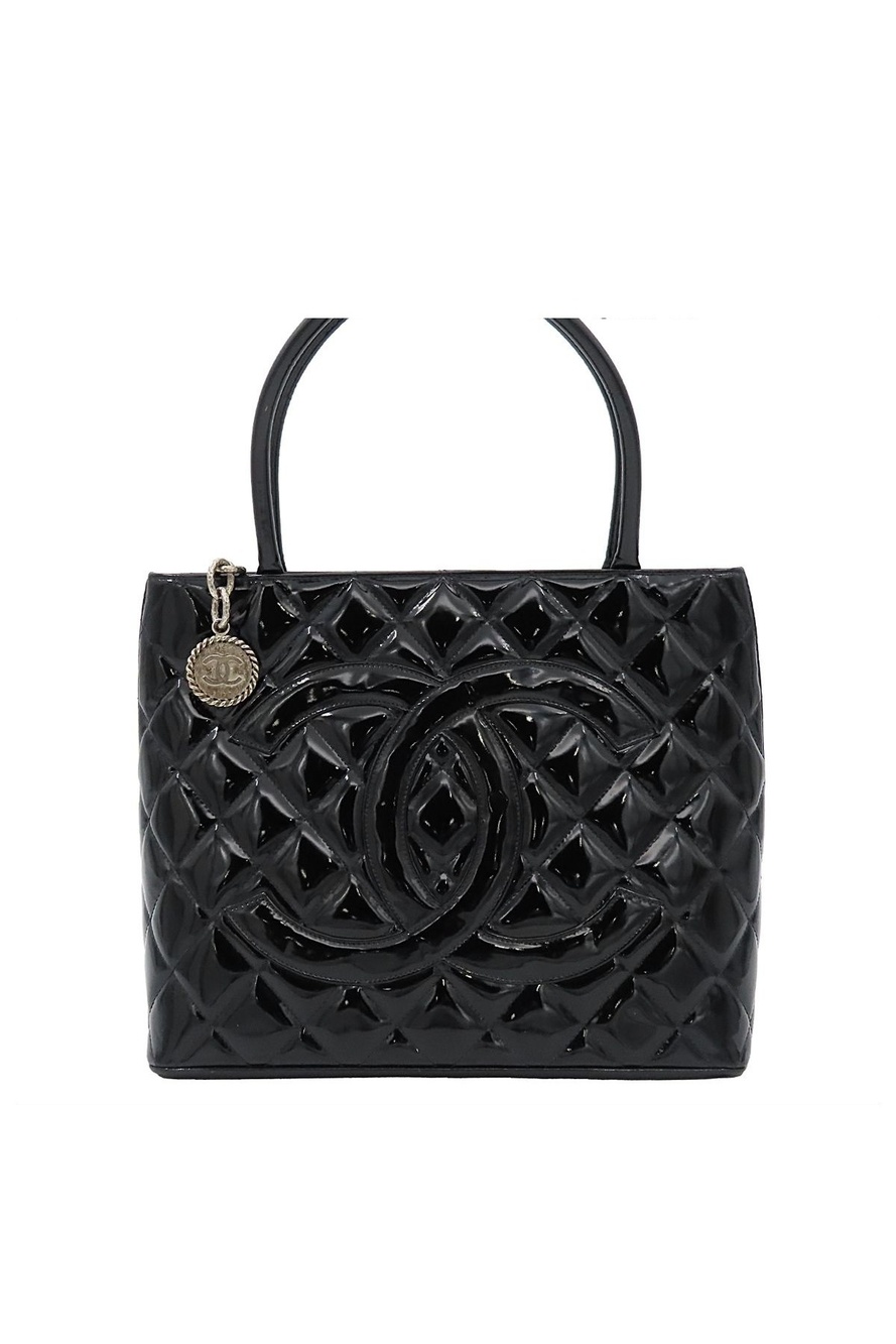 Chanel Reissue Tote Bag Quilted CC Logo Black Silver Patent Leather